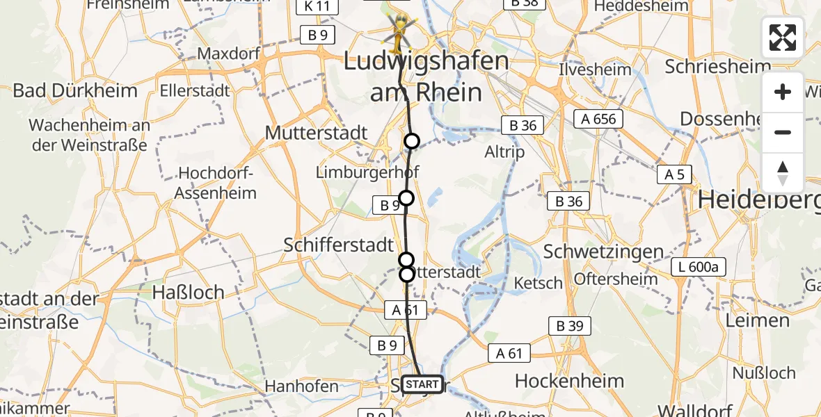 Flugroute Rettungshubschrauber Speyer - Ludwigshafen am Rhein, 10 Februar 2026, 11:52