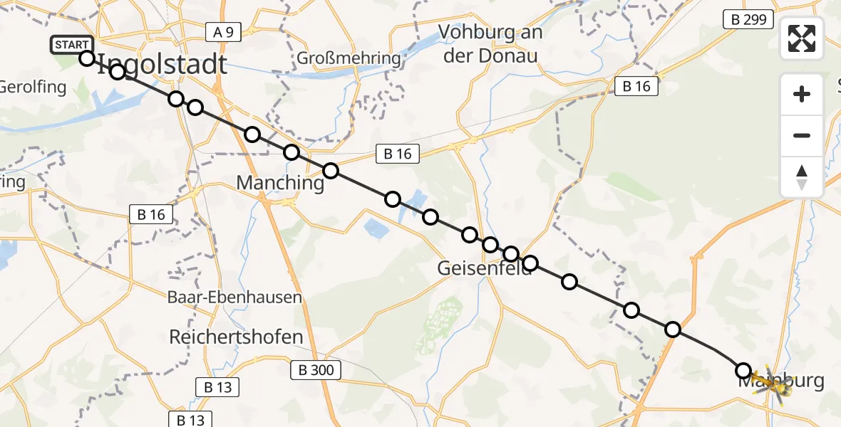 Flugroute Rettungshubschrauber Ingolstadt Hospital Heliport - Mainburg, 10 Februar 2026, 11:58