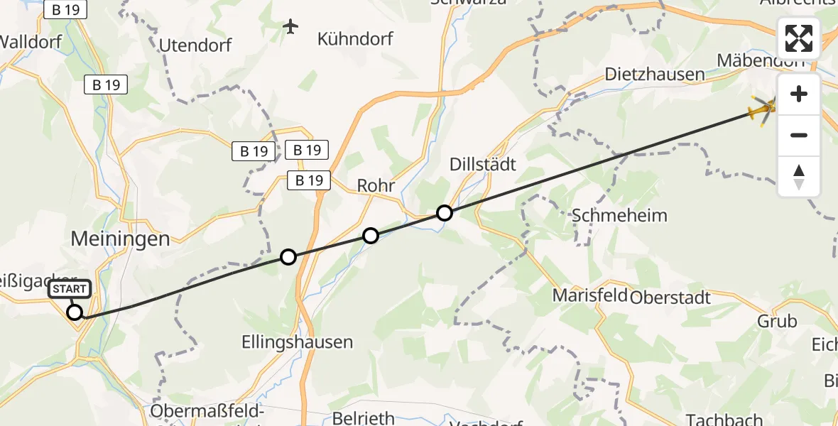 Flugroute Rettungshubschrauber Helios Clinic Meiningen Heliport - Mäbendorf, 10 Februar 2026, 12:00