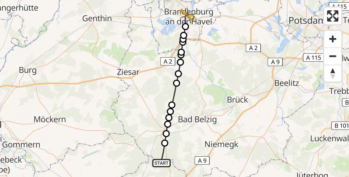 Routekaart van de vlucht: Rettungshubschrauber nach Brandenburg an der Havel, Triglafweg