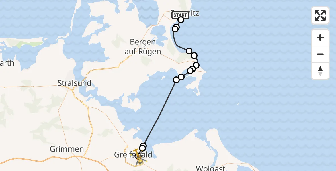 Flugroute Rettungshubschrauber Sassnitz - Greifswald Hospital Heliport, 10 Februar 2026, 12:14