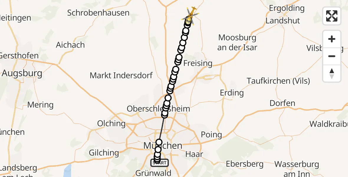 Flugroute Rettungshubschrauber ADAC Air Rescue Center Heliport (Christoph 1) - Günzenhausen, 10 Februar 2026, 12:15