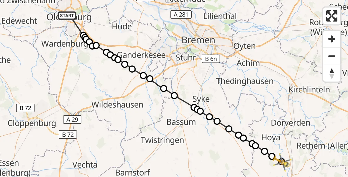 Flugroute Rettungshubschrauber Oldenburg - Schweringen, 10 Februar 2026, 12:21