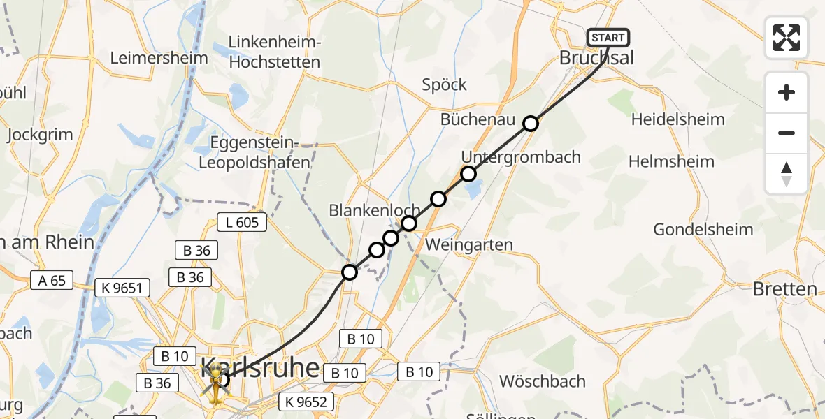 Flugroute Rettungshubschrauber Bruchsal - Sankt Vincentius Hospital Heliport, 10 Februar 2026, 12:22