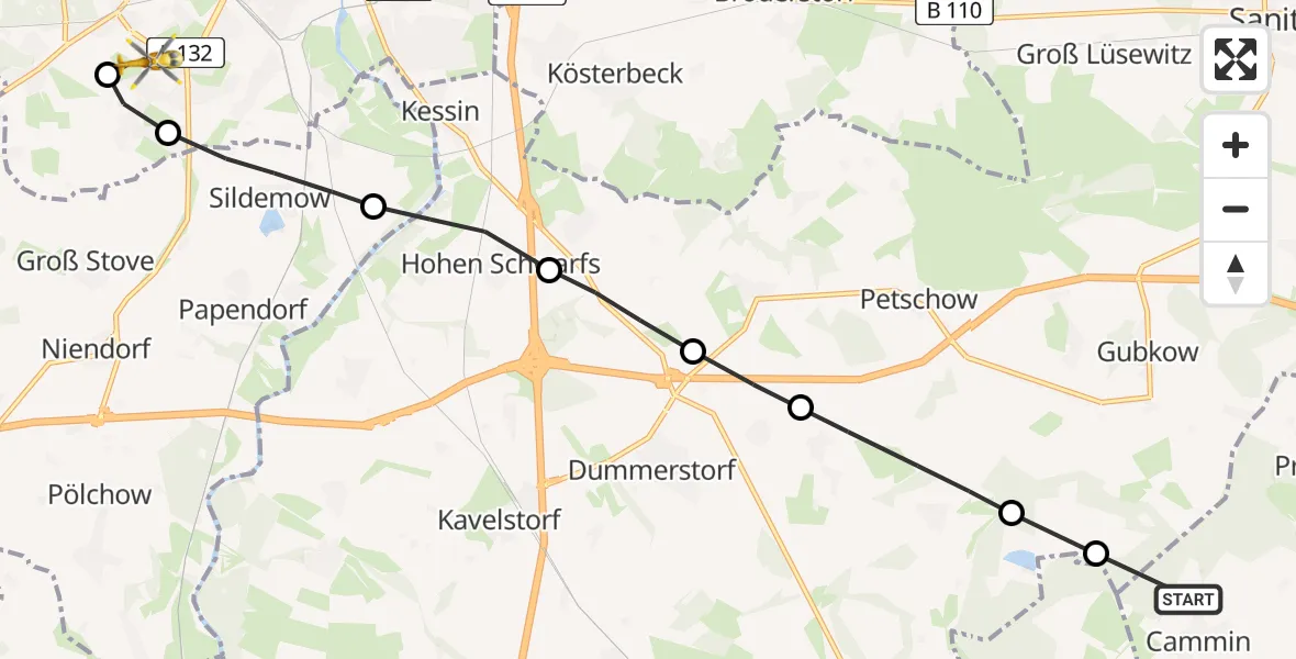 Flugroute Rettungshubschrauber Cammin - Ortsbeirat 12 : Südstadt, 10 Februar 2026, 12:23