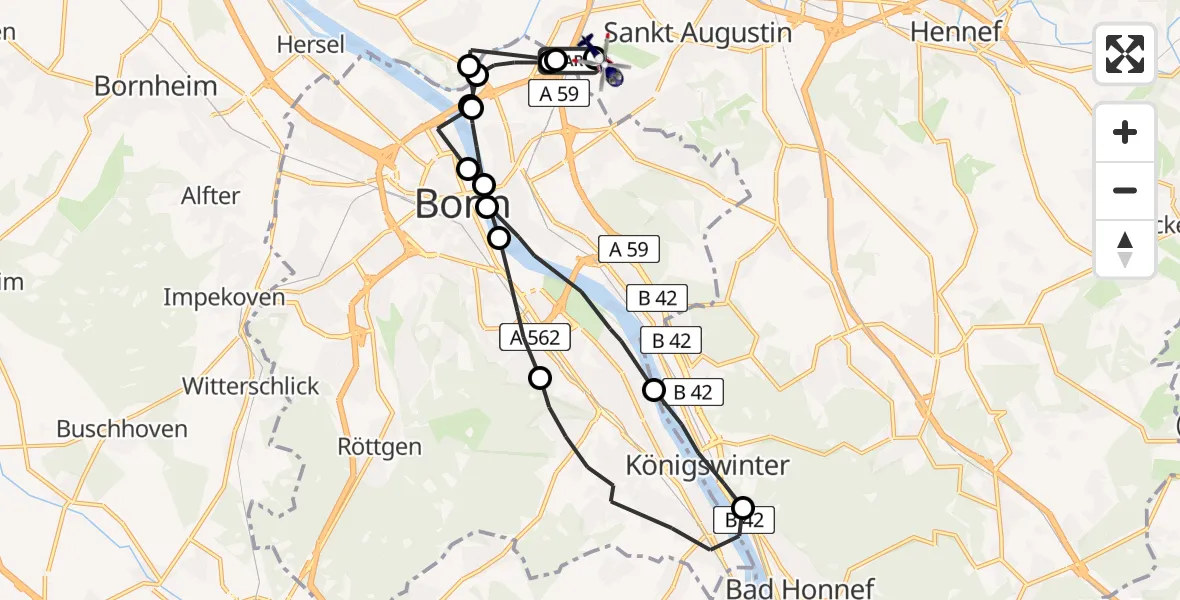 Flugroute Polizeihubschrauber Meindorf - Sankt Augustin, 10 Februar 2026, 12:29