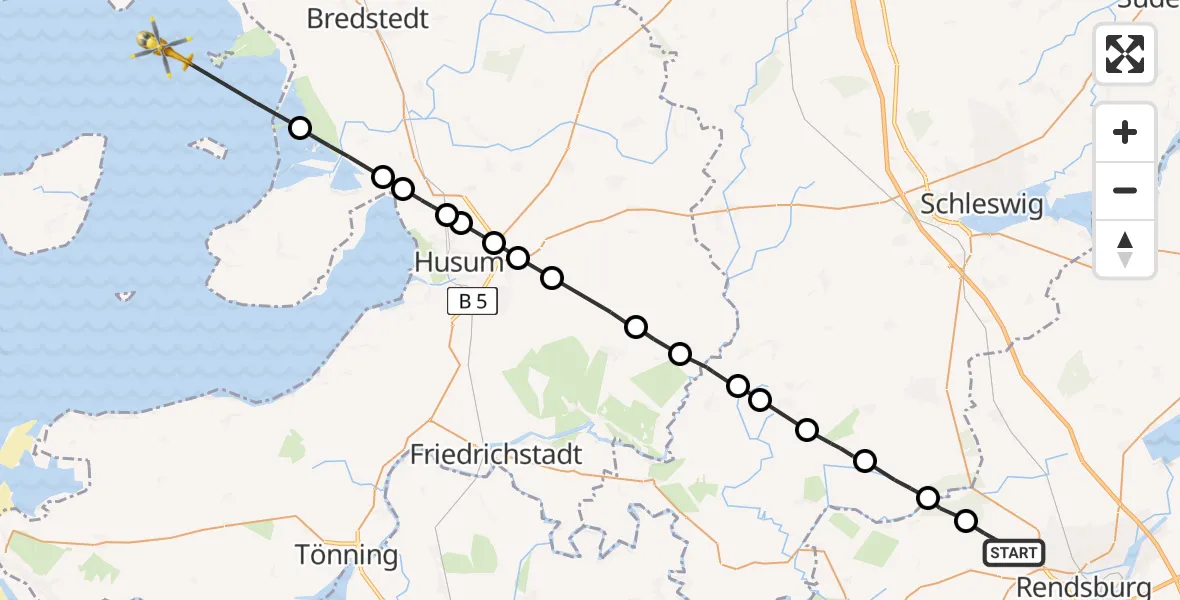 Flugroute Rettungshubschrauber Fockbek - Reußenköge, 10 Februar 2026, 12:31