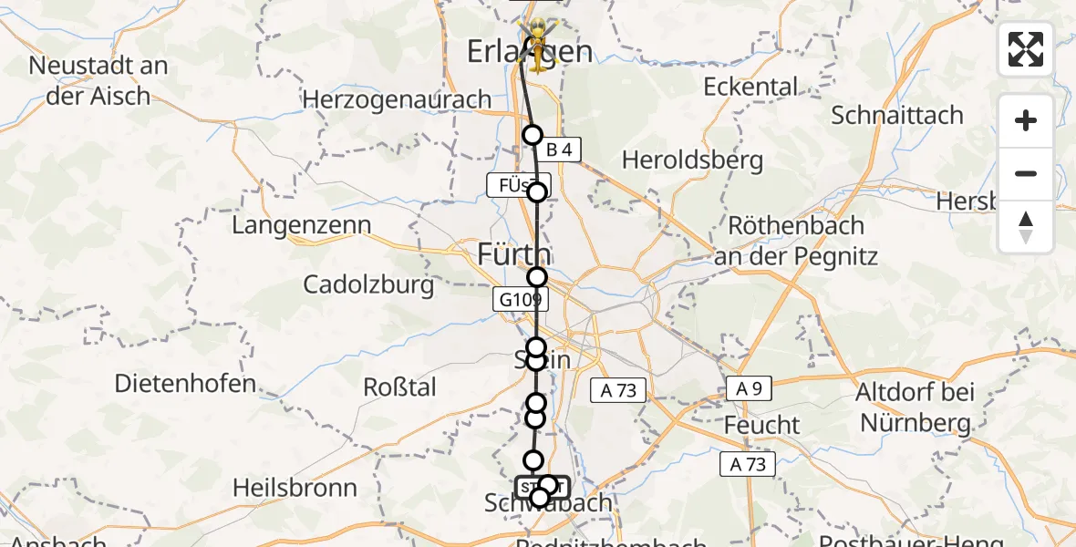 Routekaart van de vlucht: Ambulanzhubschrauber nach Erlangen University Hospital Rooftop Heliport