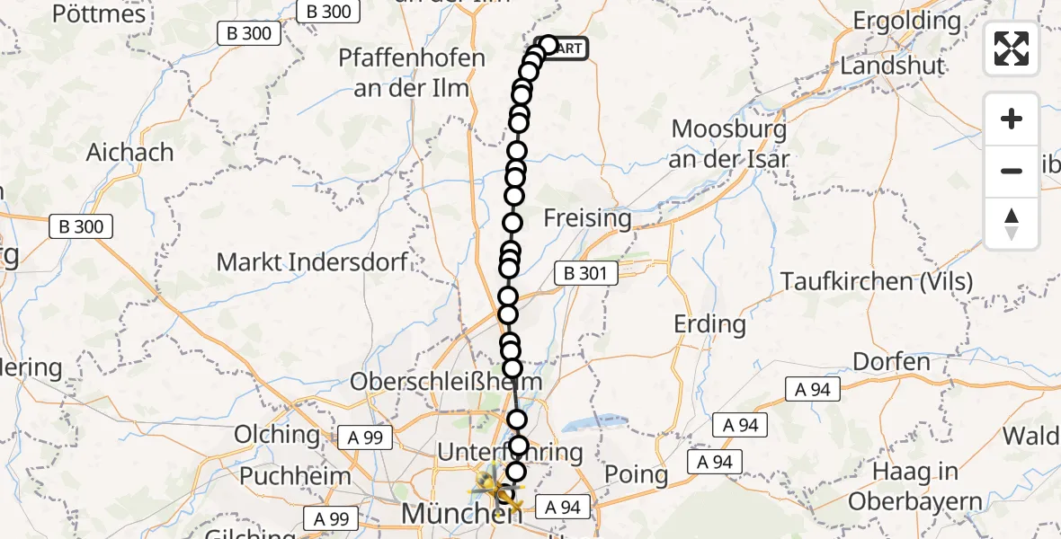 Flugroute Rettungshubschrauber Günzenhausen - München Bogenhausen Hospital Heliport, 10 Februar 2026, 12:52