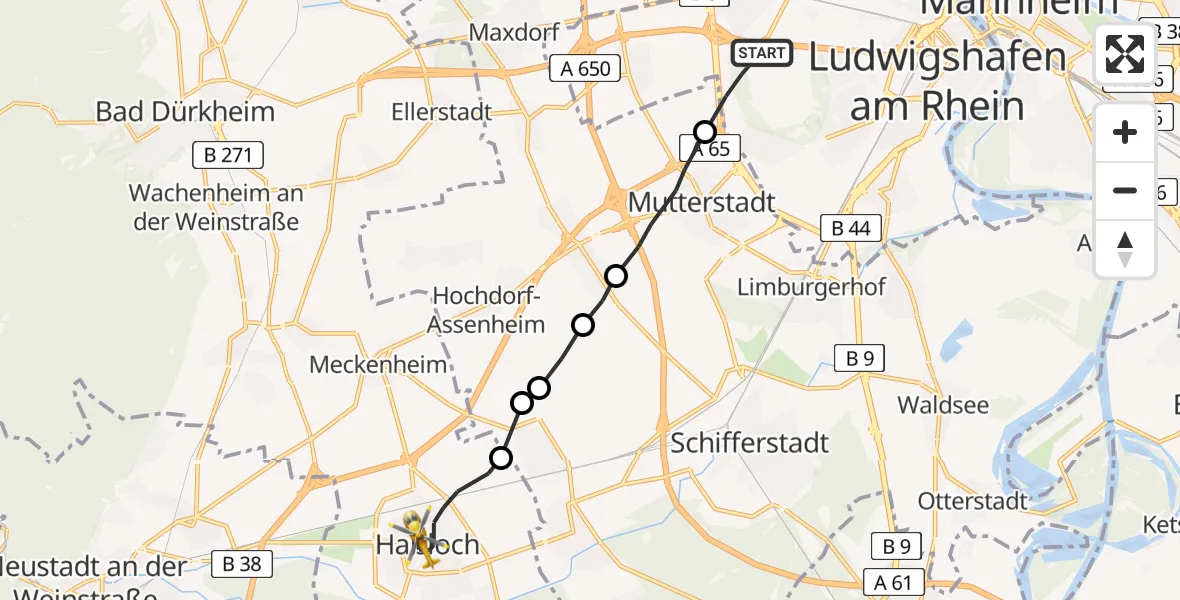 Flugroute Rettungshubschrauber Ludwigshafen am Rhein - Haßloch, 10 Februar 2026, 12:58