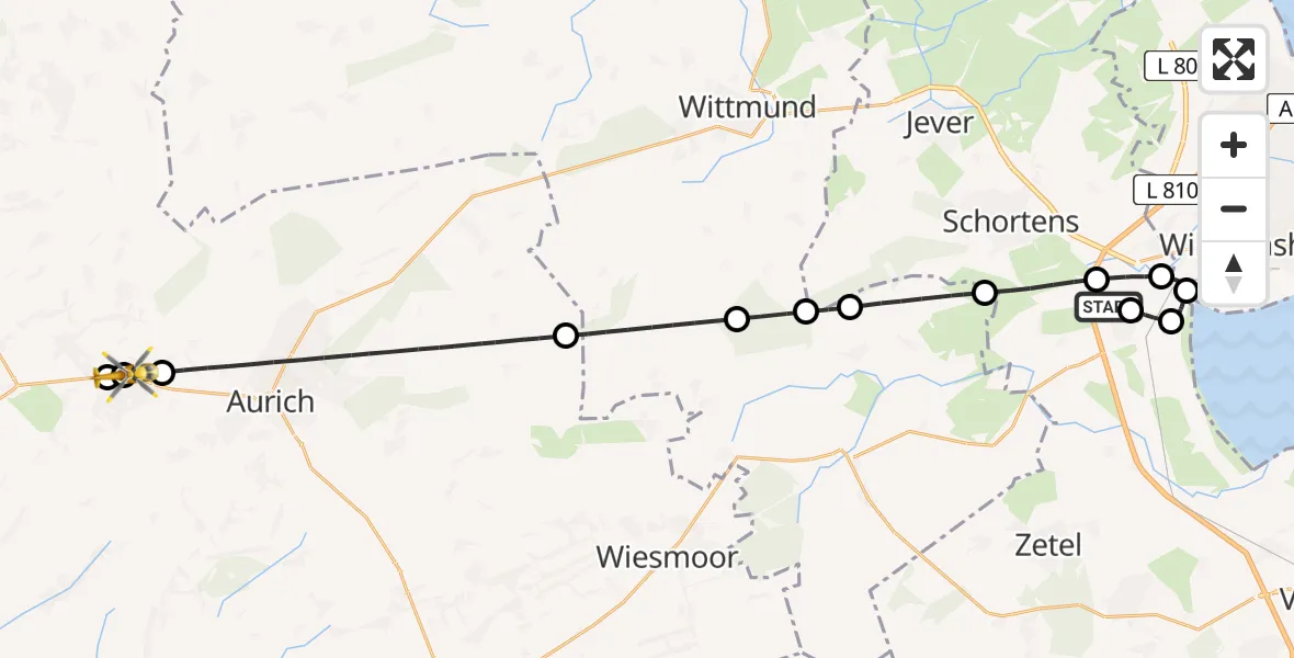 Flugroute Rettungshubschrauber Sande - Südbrookmerland, 10 Februar 2026, 13:00