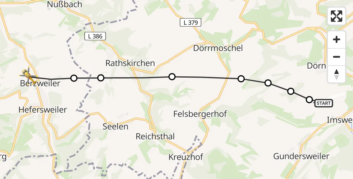 Flugroute Rettungshubschrauber Imsweiler UL - Berzweiler, 10 Februar 2026, 13:00