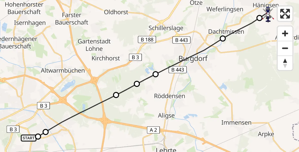 Flugroute Polizeihubschrauber Hannover Air Rescue Heliport (Christoph 4) - Hägewiesen, 10 Februar 2026, 13:00