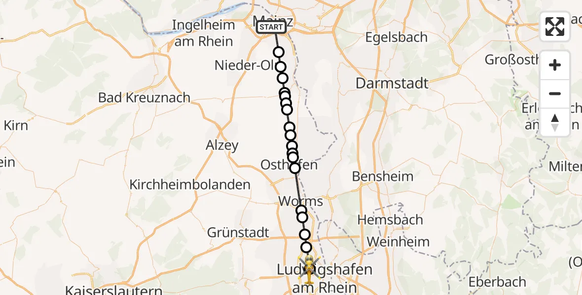Routekaart van de vlucht: Rettungshubschrauber nach Ludwigshafen Accident Hospital Heliport