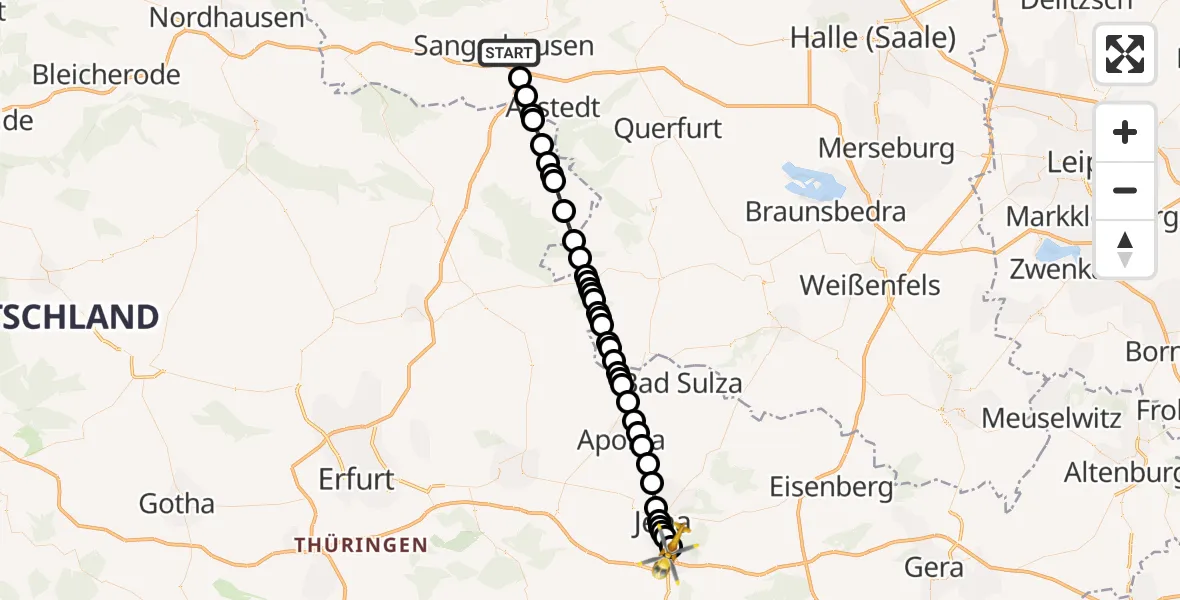 Flugroute Rettungshubschrauber Sangerhausen - Lobeda Heliport, 10 Februar 2026, 13:10