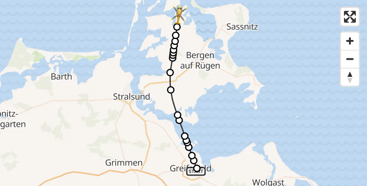 Flugroute Rettungshubschrauber Greifswald Hospital Heliport - Neuenkirchen, 10 Februar 2026, 13:37