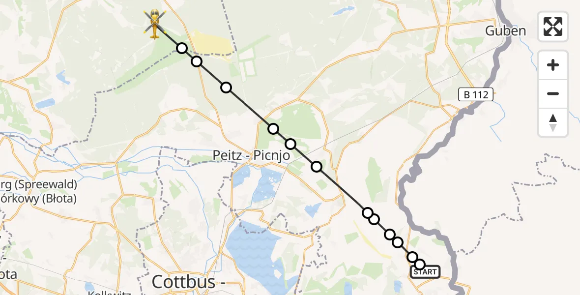 Flugroute Ambulanzhubschrauber Forst (Lausitz) - Lamsfeld- Groß Liebitz, 10 Februar 2026, 13:48