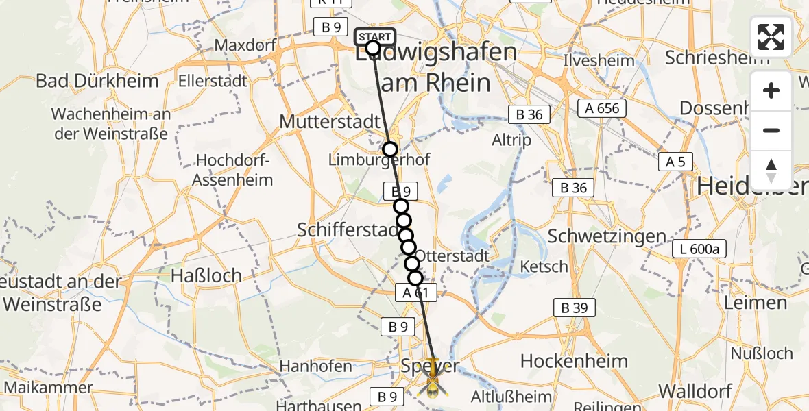 Flugroute Rettungshubschrauber Ludwigshafen Accident Hospital Heliport - Speyer, 10 Februar 2026, 13:52