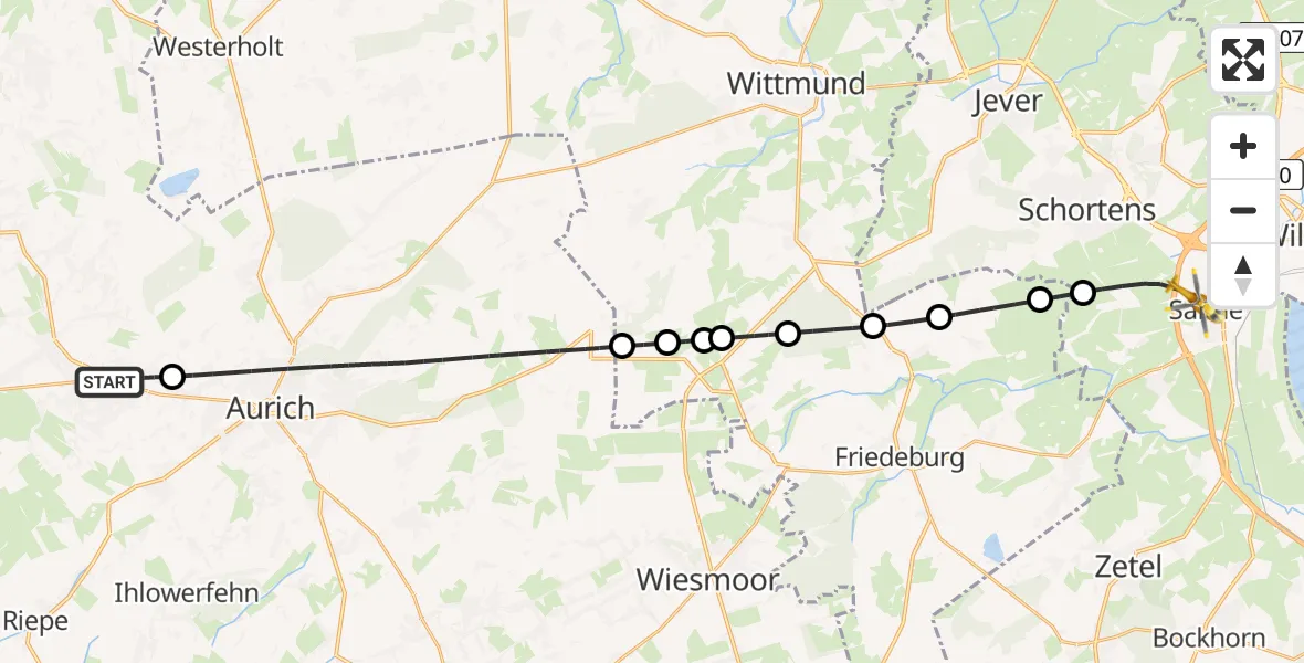 Flugroute Rettungshubschrauber Südbrookmerland - Sande, 10 Februar 2026, 13:53