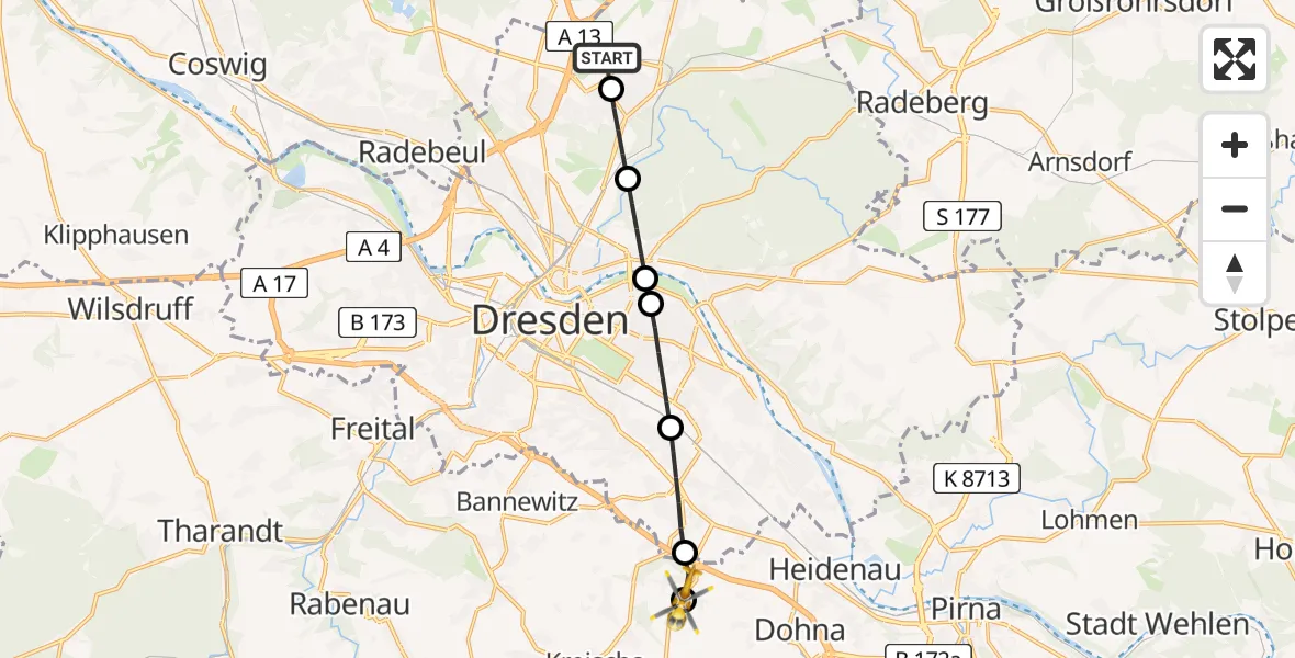 Flugroute Rettungshubschrauber Dresden Airport - Röhrsdorf, 10 Februar 2026, 13:57