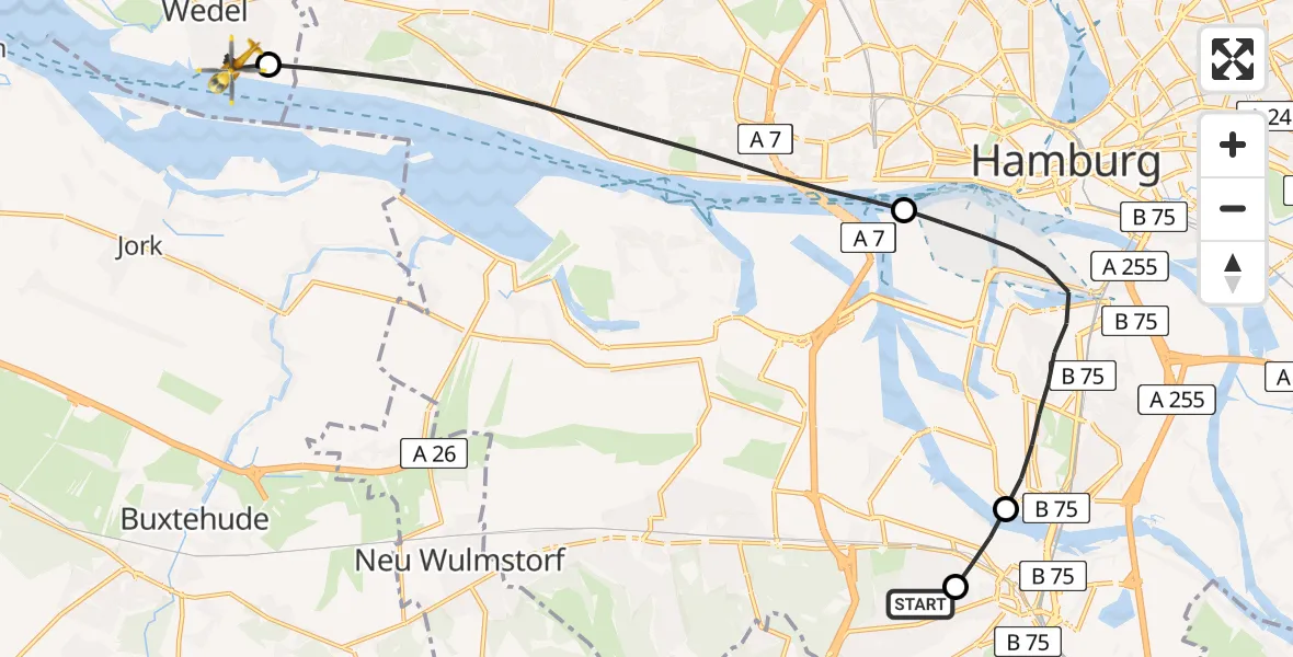 Flugroute Rettungshubschrauber Asklepios Hospital Harburg Helipad - Wedel, 10 Februar 2026, 13:58
