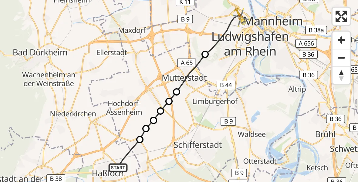 Routekaart van de vlucht: Rettungshubschrauber nach Ludwigshafen am Rhein, Leuschnerstraße