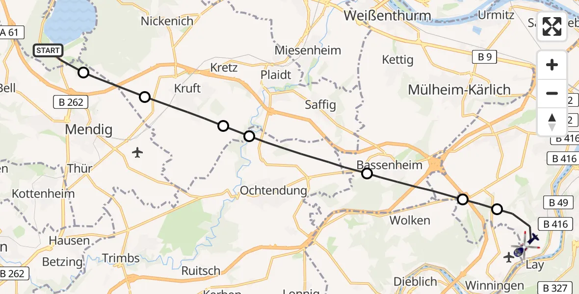 Flugroute Polizeihubschrauber Glees - Güls, 10 Februar 2026, 14:20