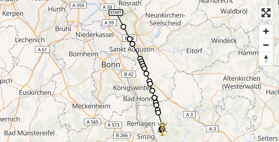 Flugroute Ambulanzhubschrauber Cologne Bonn Airport - Linz am Rhein, 10 Februar 2026, 14:23