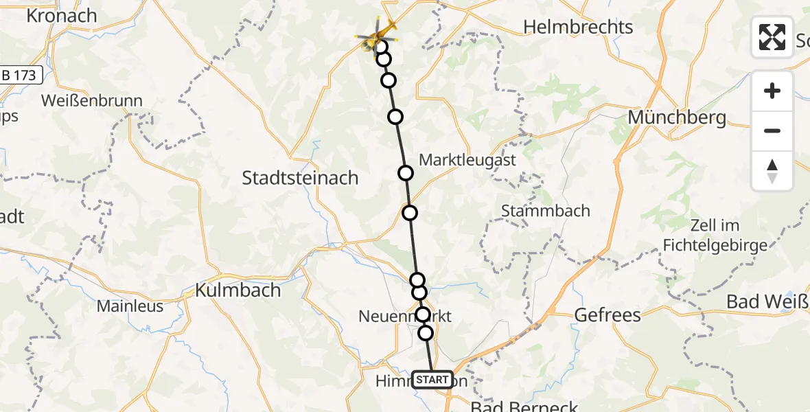 Flugroute Rettungshubschrauber Himmelkron - Schnebes, 10 Februar 2026, 14:25