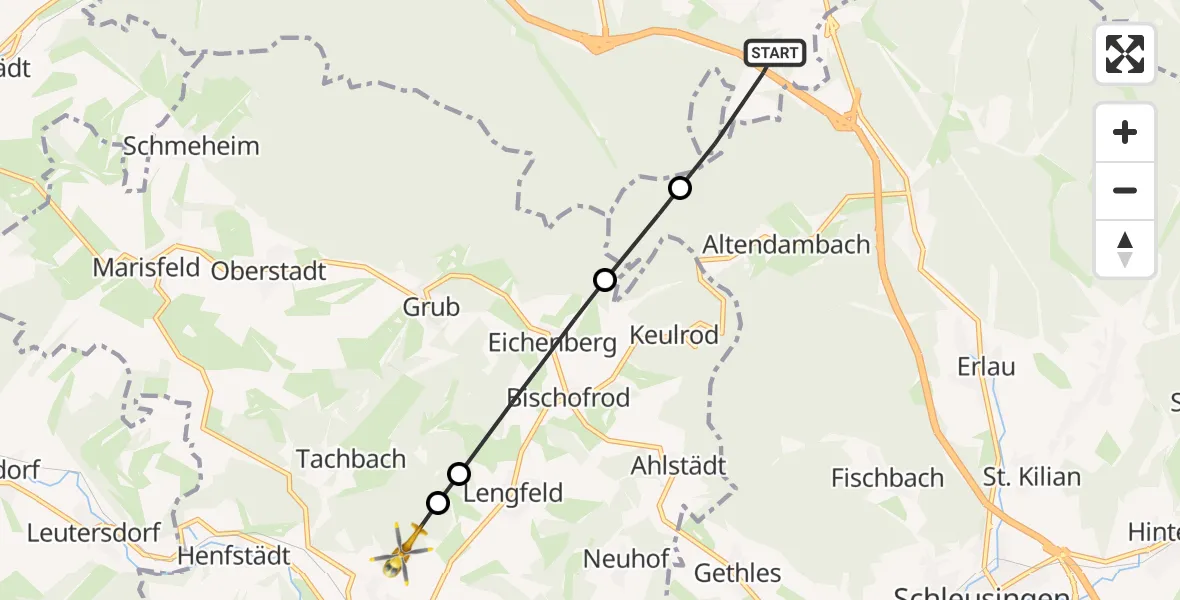 Flugroute Rettungshubschrauber Suhl - Tachbach, 10 Februar 2026, 14:26