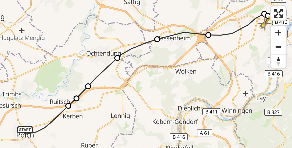 Flugroute Rettungshubschrauber Polch - Koblenz, 10 Februar 2026, 14:30