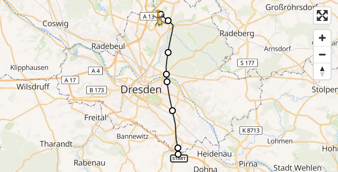 Flugroute Rettungshubschrauber Röhrsdorf - Dresden Federal Police Heliport, 10 Februar 2026, 14:32