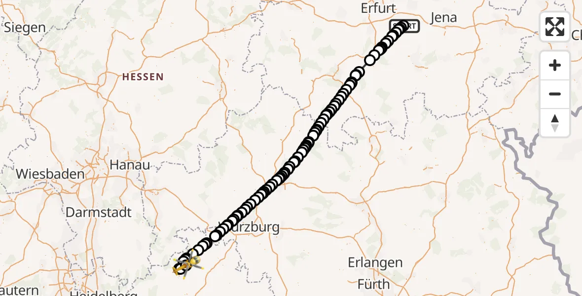 Flugroute Rettungshubschrauber Bad Berka - Walldürn Airfield, 10 Februar 2026, 14:35
