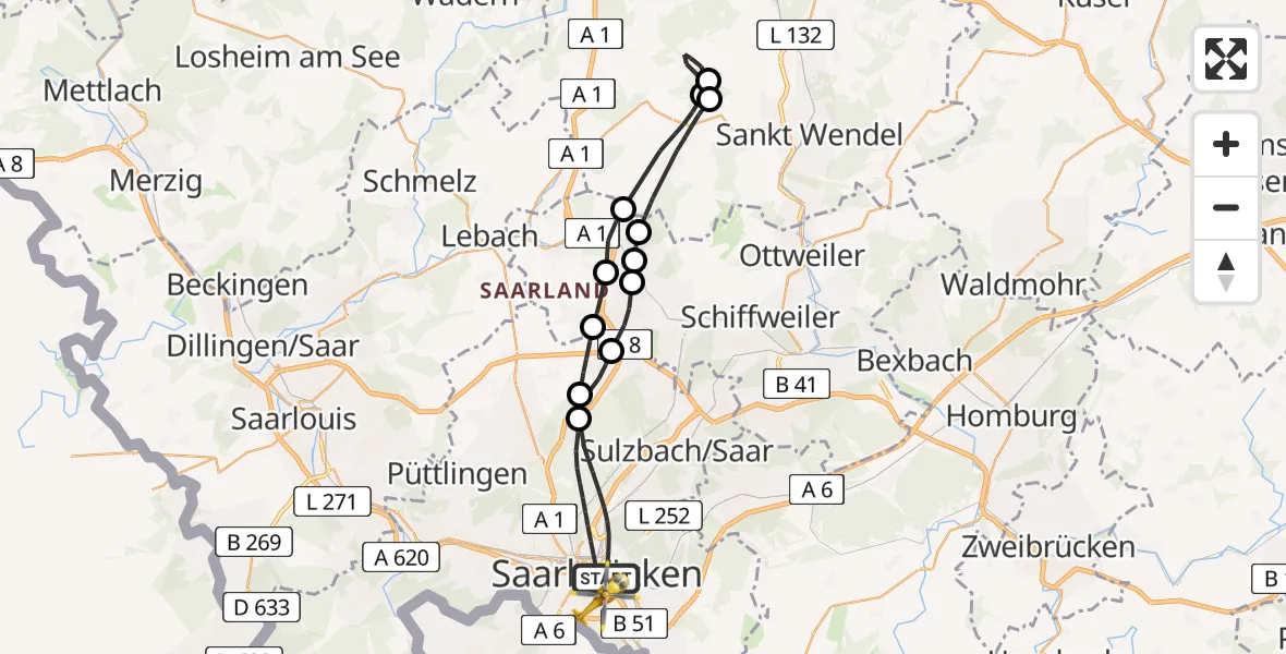 Flugroute Rettungshubschrauber Saarbrücken - Saarbrücken, 10 Februar 2026, 14:38