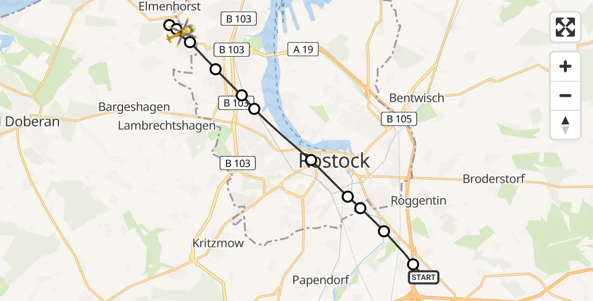 Flugroute Ambulanzhubschrauber Dummerstorf - Lichtenhagen Dorf, 10 Februar 2026, 14:47