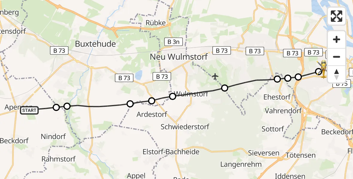 Routekaart van de vlucht: Ambulanzhubschrauber nach Asklepios Hospital Harburg Helipad