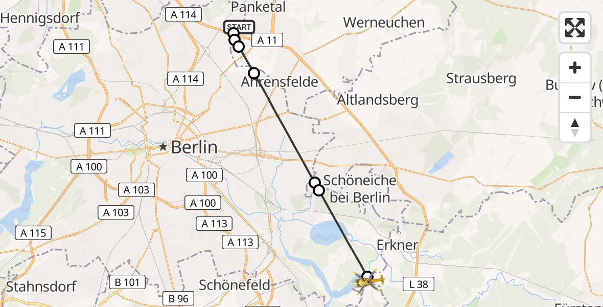 Flugroute Rettungshubschrauber Helios Clinic Berlin-Buch Heliport - Gosen, 10 Februar 2026, 14:52