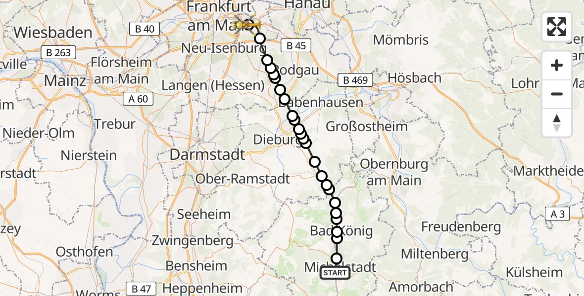 Flugroute Rettungshubschrauber Michelstadt - Sana Hospital Offenbach Helipad, 10 Februar 2026, 15:00