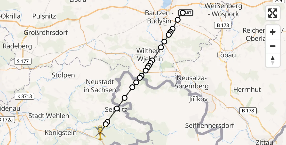 Flugroute Rettungshubschrauber Bautzen Airfield - Bad Schandau, 10 Februar 2026, 15:08
