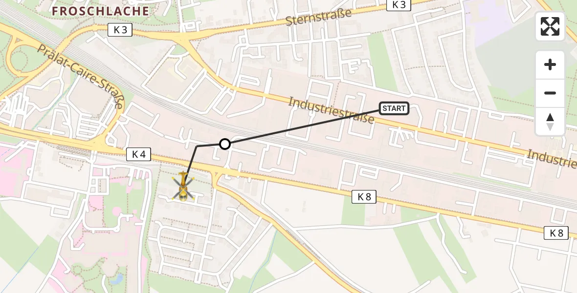 Flugroute Rettungshubschrauber Ludwigshafen am Rhein - Ludwigshafen Accident Hospital Heliport, 10 Februar 2026, 15:13