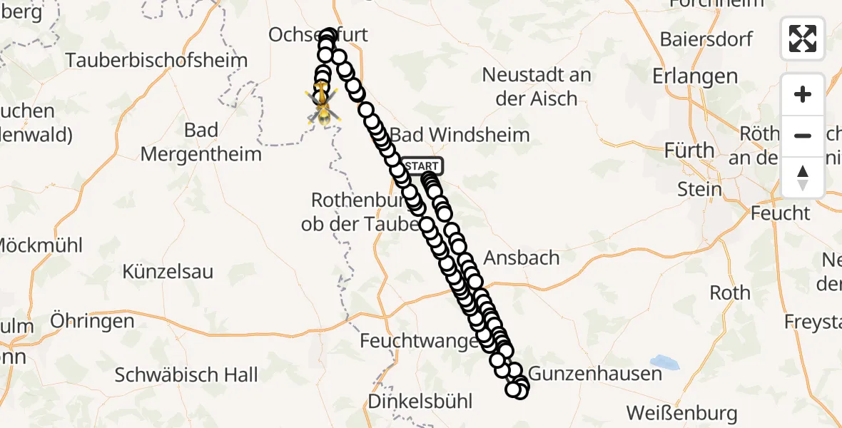 Flugroute Rettungshubschrauber Burgbernheim - Aub, 10 Februar 2026, 15:13