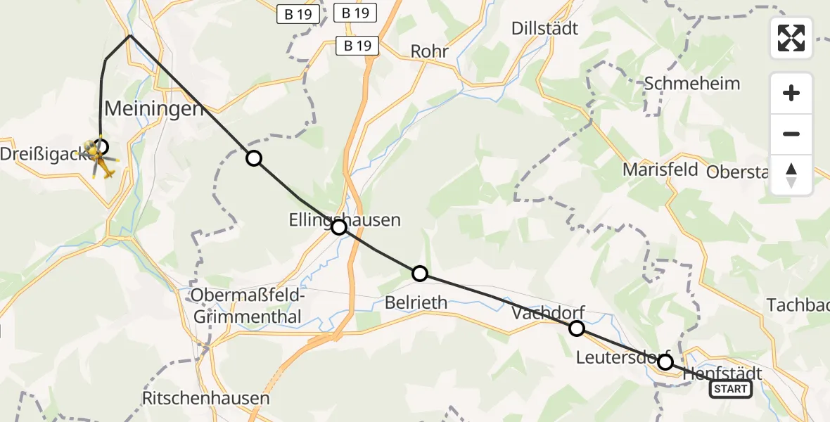 Routekaart van de vlucht: Rettungshubschrauber nach Helios Clinic Meiningen Heliport