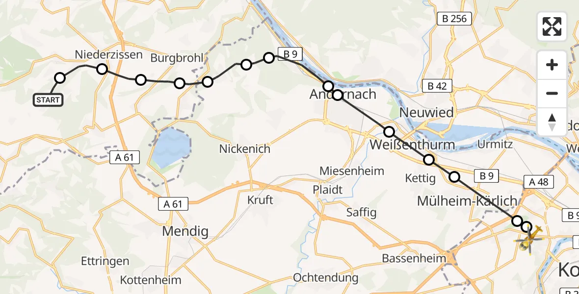 Flugroute Rettungshubschrauber Brenk - Koblenz, 10 Februar 2026, 15:20