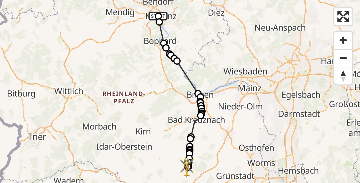 Flugroute Rettungshubschrauber Catholic Clinic Marienhof Koblenz Heliport - Imsweiler UL, 10 Februar 2026, 15:31