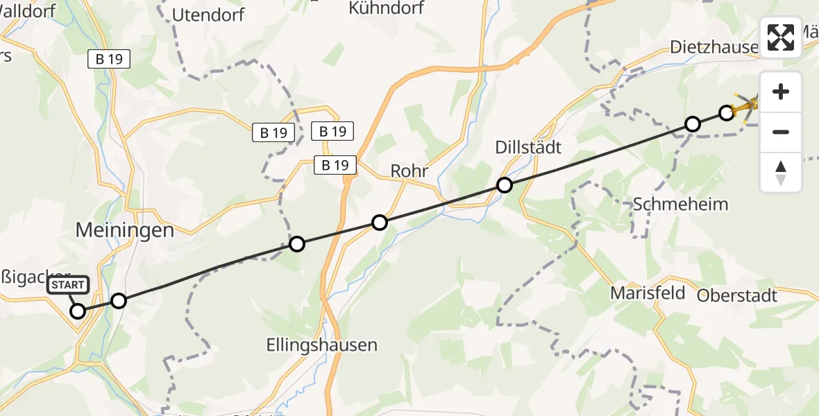 Flugroute Rettungshubschrauber Helios Clinic Meiningen Heliport - Suhl, 10 Februar 2026, 15:54