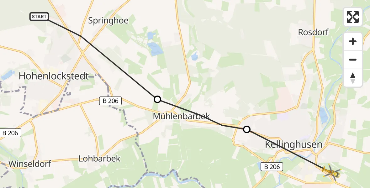 Flugroute Rettungshubschrauber Springhoe - Kellinghusen, 10 Februar 2026, 16:05