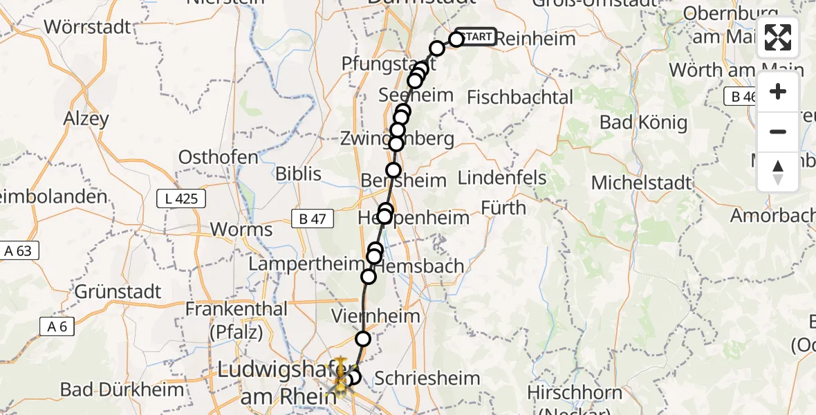 Routekaart van de vlucht: Rettungshubschrauber nach Mannheim-City Airport