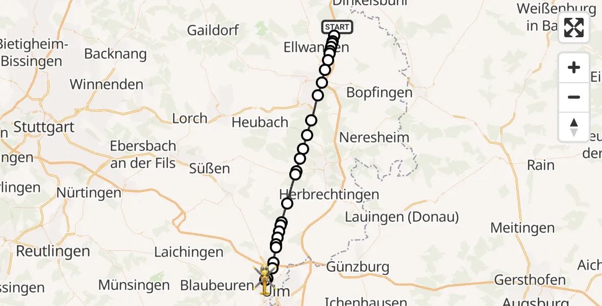 Routekaart van de vlucht: Rettungshubschrauber nach Ulm Military Hospital Emergency Heliport