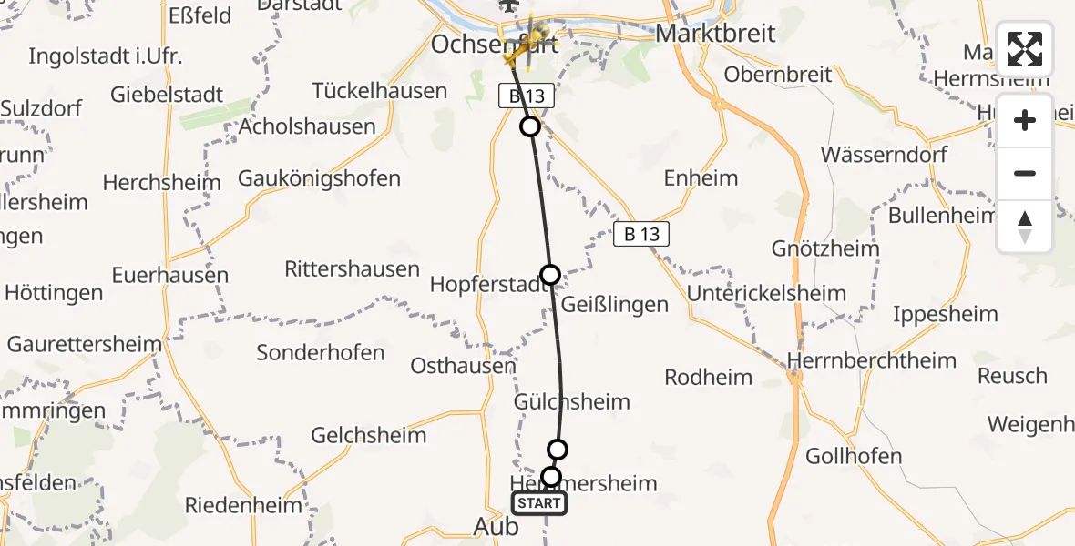 Flugroute Rettungshubschrauber Aub - Ochsenfurt, 10 Februar 2026, 16:25
