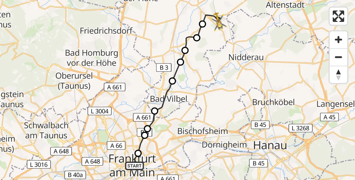 Flugroute Ambulanzhubschrauber Innenstadt 1 - Ilbenstadt, 10 Februar 2026, 16:41
